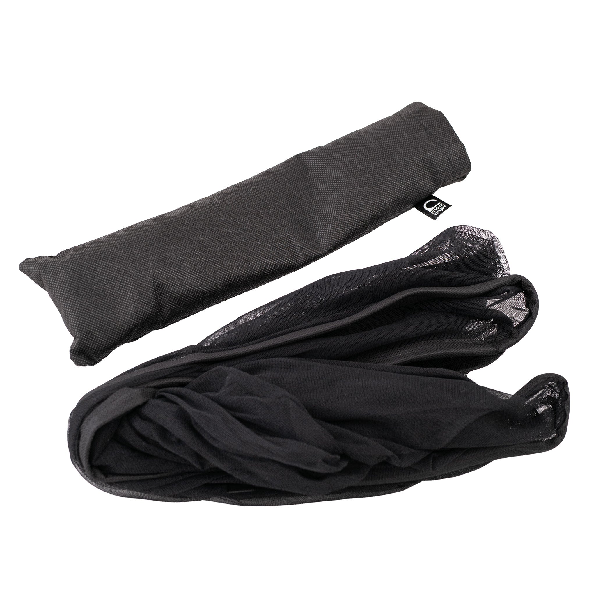 Black net to protect against flies and insects when drying meat, with a sleeve, on a white background