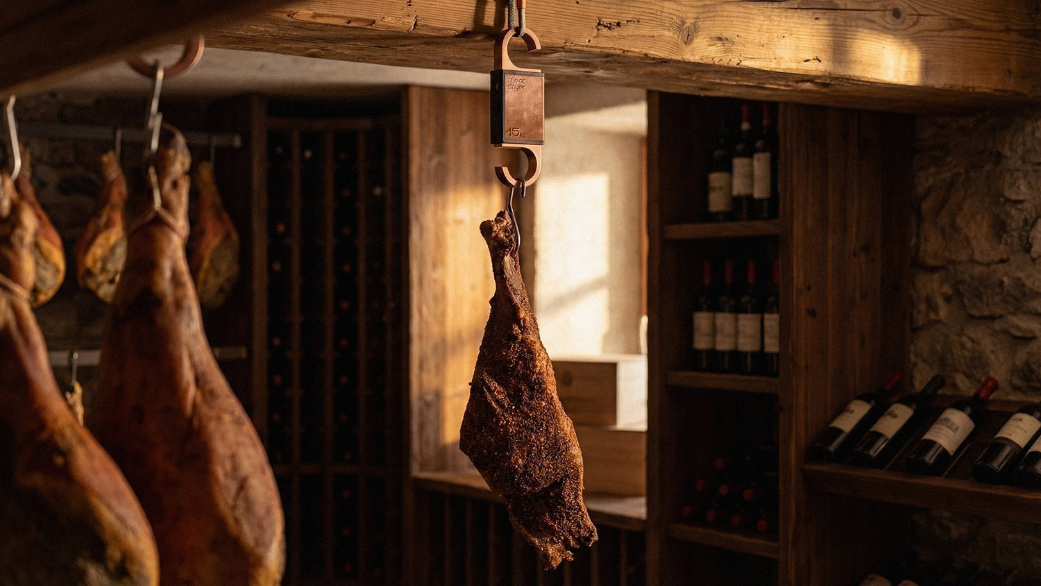 Prociutto, Jamon, Iberico ham hanging on a Meatdryer hook