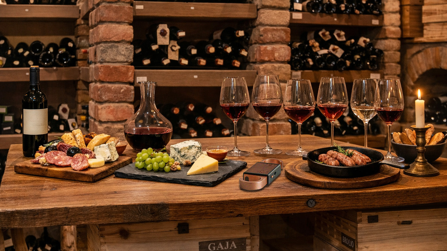 Wine tasting setup with wine glasses, food, and a bottle of wine on a wooden table with a Meatdryer meat hook